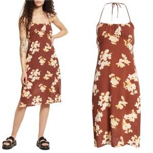 BP Nordstrom Halter Midi Dress In Brown Ivory Floral Size S Sundress Sleeveless